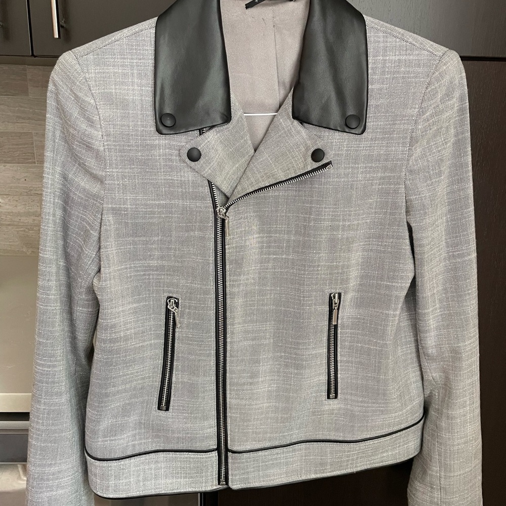 T Tahari Black Leather Jacket with Gray Lining